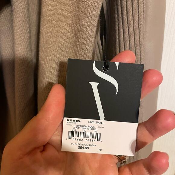 NWT Simply Vera Vera Wang Taupe Cardigan W/ Faux Leather Sleeves Small Classic - Picture 4 of 8